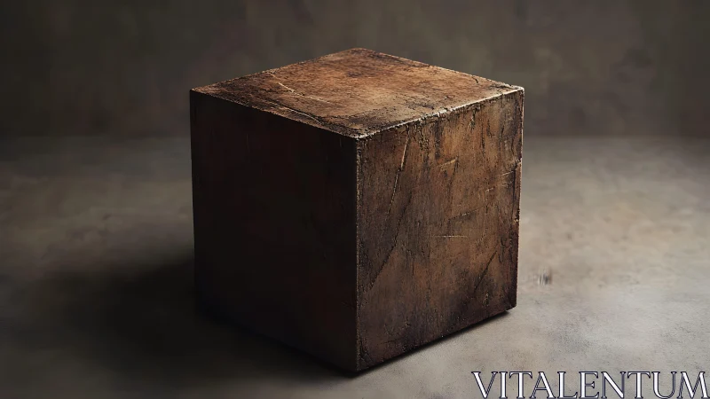 Weathered wooden cube brooding in soft studio twilight.