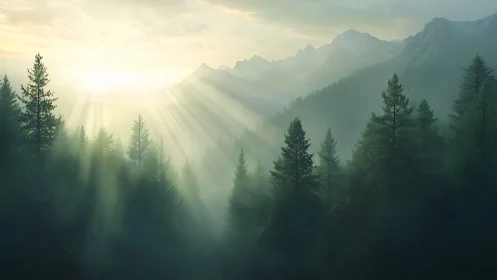 Misty Alpine Valley Bathed in Golden Rays.