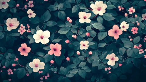 Floral Composition with Pink Blossoms and Teal Foliage