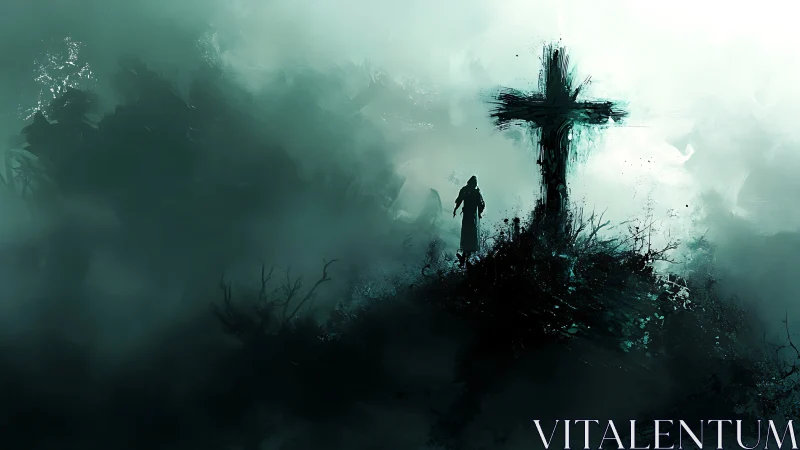 Solitary figure standing by large cross in misty landscape.