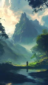 Solitary wanderer under towering misty fantasy peaks.