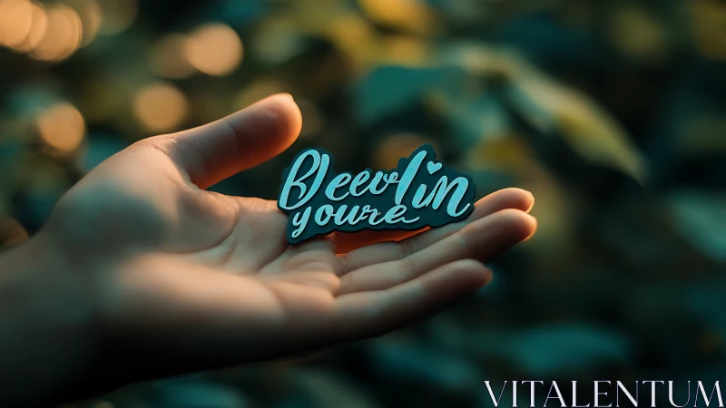 Hand holds script badge under soft golden bokeh light.