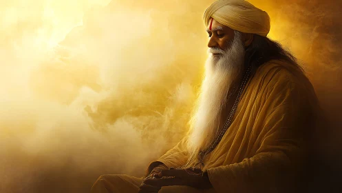 Golden mystic in cloudlit silence, wrapped in inner sunrise.