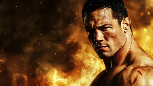 Battle-scarred fighter stares forward against blazing fire