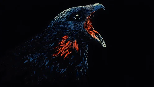 Vibrant digital illustration of a raven with open beak on black background.