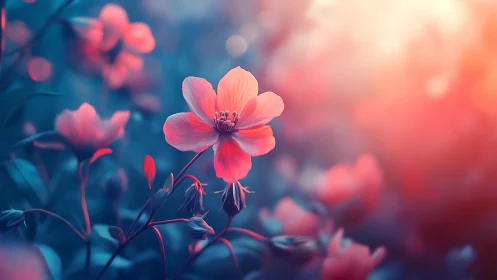 Soft Pink Flowers Blooming in Dreamy Bokeh Light.