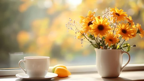 Golden Sunflowers Greet Morning Tea by Window.
