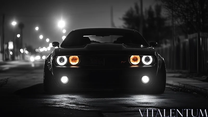 Street-lit muscle car prowls a moody monochrome city night