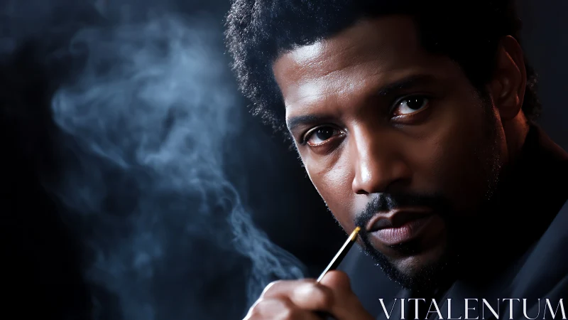 Serious man in dark suit with smoke filled background.