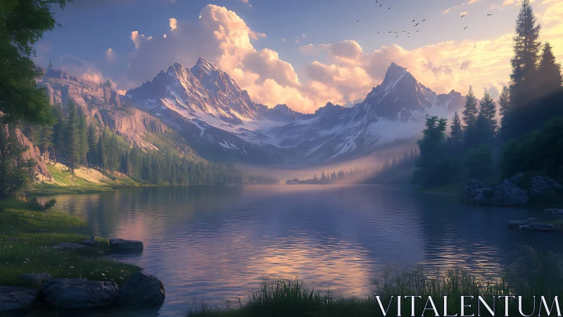 Sunlit alpine lake reflects snow peaks under pastel clouds