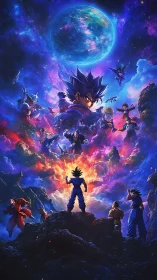 Cosmic anime warriors under nebula sky with planetary backdrop