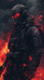 Armored tactical soldier in flames with red visor detail.
