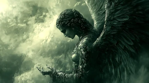 Seraphic stone angel in emerald storm-lit atmospheric clouds.
