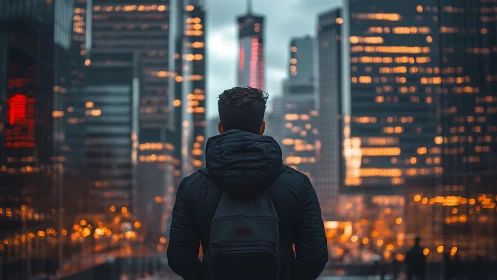Rear view of person in jacket facing illuminated cityscape.