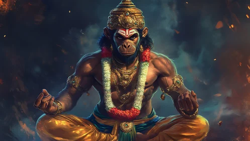 Divine monkey warrior meditates amid swirling cosmic flames.