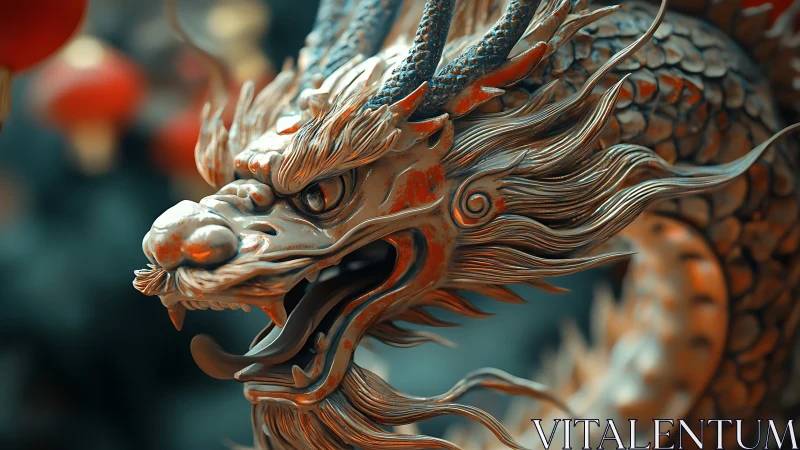 Fiery bronze dragon sculpture roars with swirling detail.