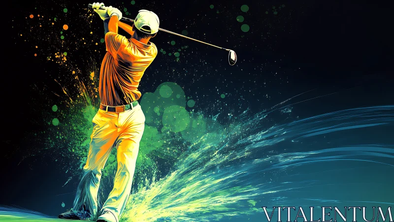 Dynamic digital painting of golfer swing in neon splash motion.