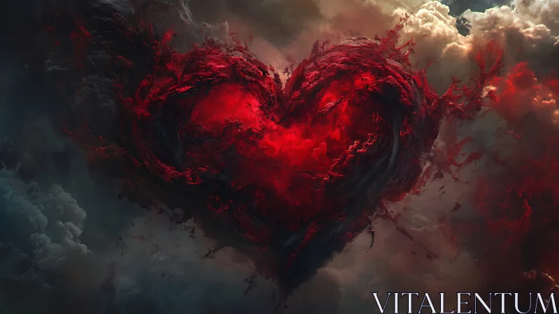 Glowing Red Heart Emerging from Stormy Clouds