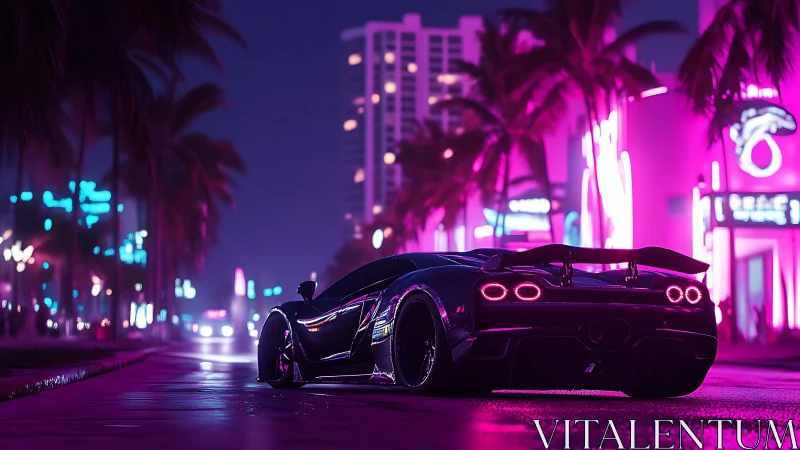 Neon-soaked supercar boulevard in retro cyberpunk nightscape.