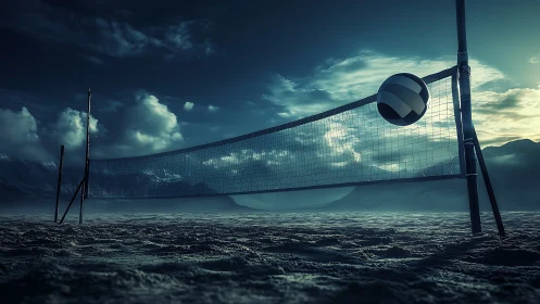 Desert volleyball net under moody teal twilight sky.