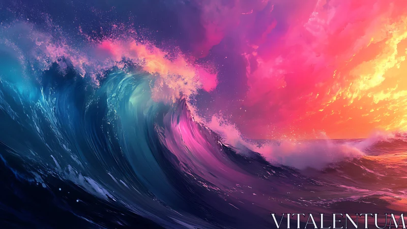 Radiant sunset waves curl under a vibrant painted sky