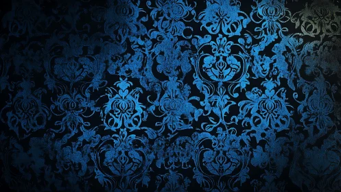 Blue ornamental damask pattern on dark textured ground.