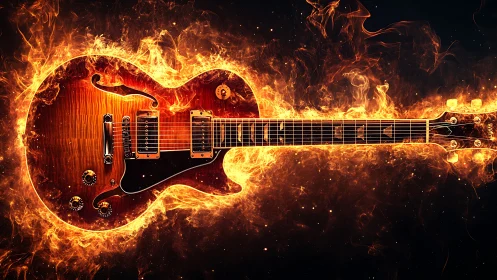 Electric guitar silhouette encircled by stylized flames.