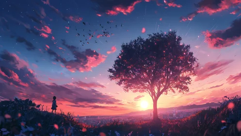 Solitary dreamer beneath a blazing cotton-candy sunset sky.