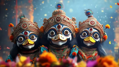 Festive penguin deities in ornate ceremonial regalia glow.