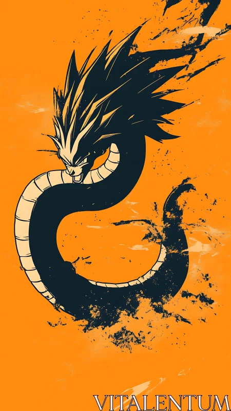 Coiled black dragon silhouette slashes vivid orange field.