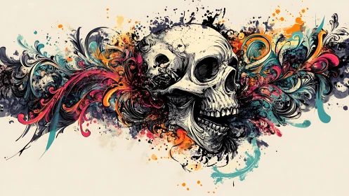 Skull bursts into wild colorful swirls of splattered paint