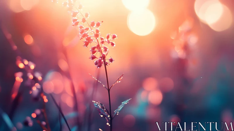 Backlit flower with morning dew and bokeh sunset light.