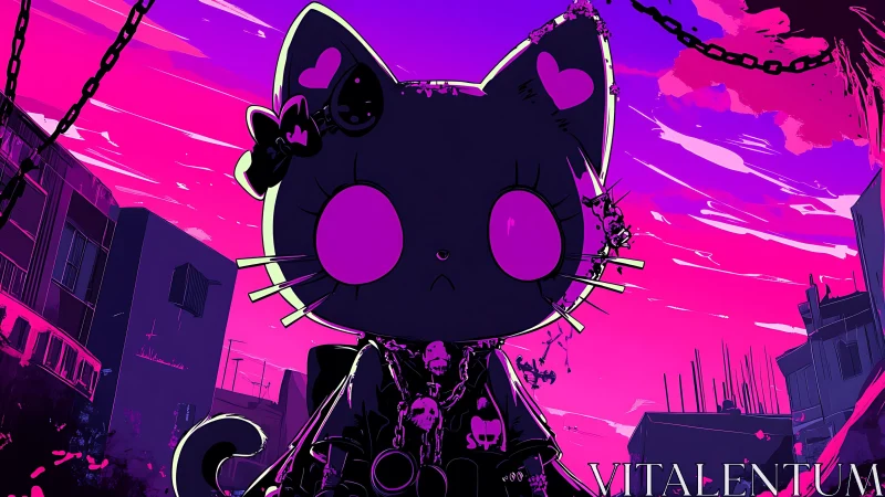Stylized cat character stands in high contrast urban scene