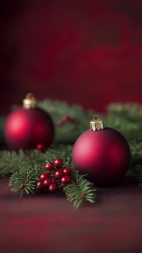 Red Christmas baubles with evergreen branches on red surface.