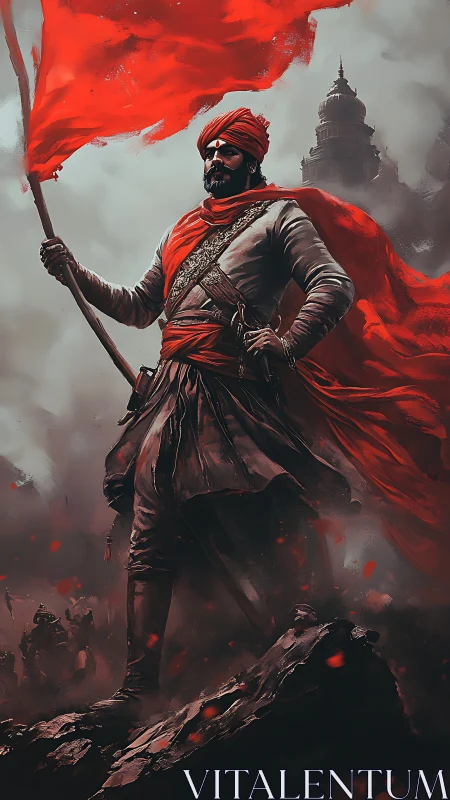 Militarized warrior standard-bearer in crimson atmospheric storm.