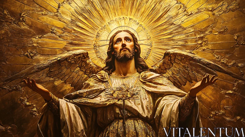 Radiant golden angel lifts arms beneath a blazing halo