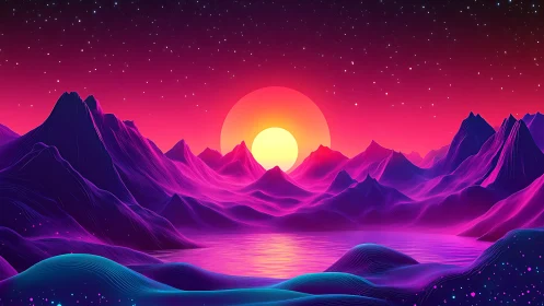 Neon mountains frame stylized sunset above reflective water