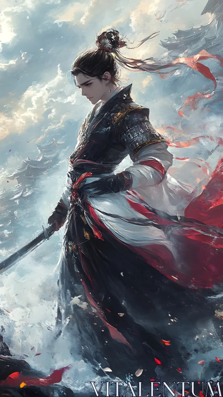 Stormlit wuxia swordsman in ornate lamellar armor on cliff edge