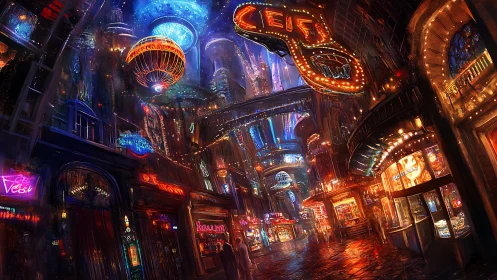 Cyberpunk neon bazaar under luminous floating orbs at night.