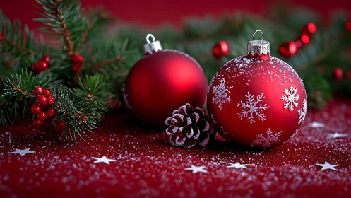 Red ornaments and foliage are arranged on a textured surface