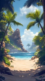 Digital rendering of tropical coastal landscape with rocky formations and vegetation