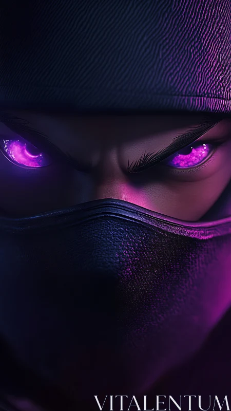 Mystic masked warrior with glowing violet eyes in focus.