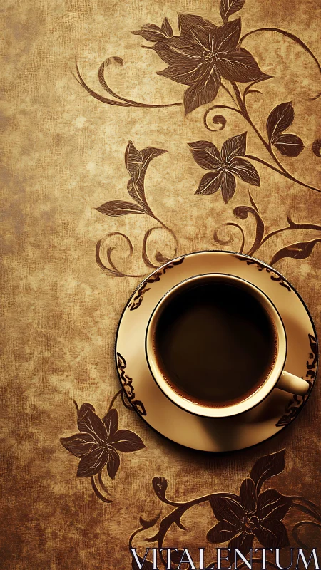 Coffee cup rests on ornate brown floral patterned surface