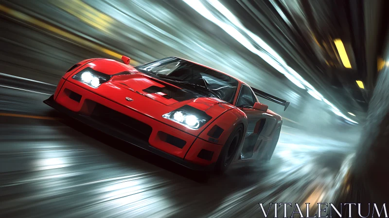 Red tunnel racer surging through night with bold energy.