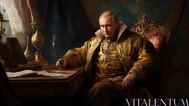 Regal statesman at ornate desk in baroque oil portrait style.