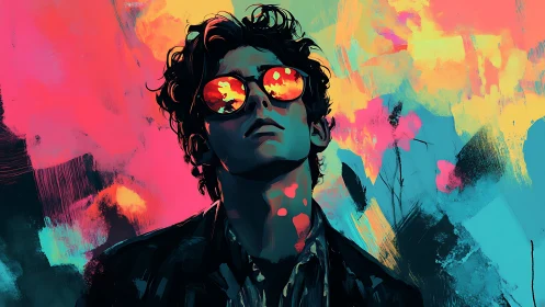 Portrait shows young man in sunglasses against neon abstract
