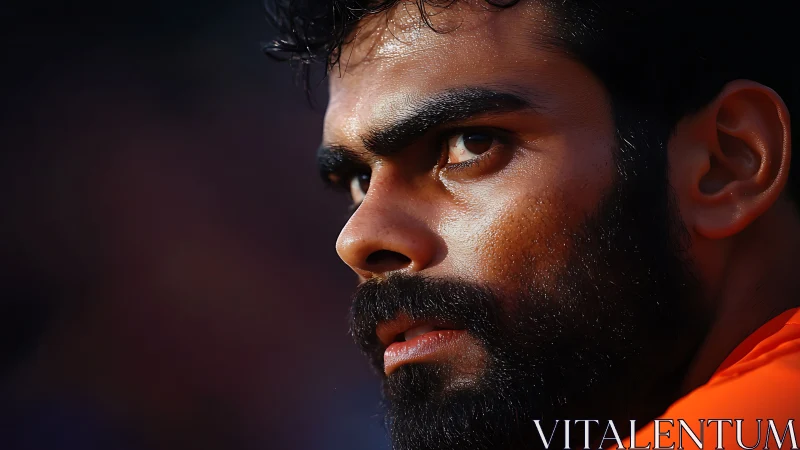Intense close-up profile of bearded male athlete face.