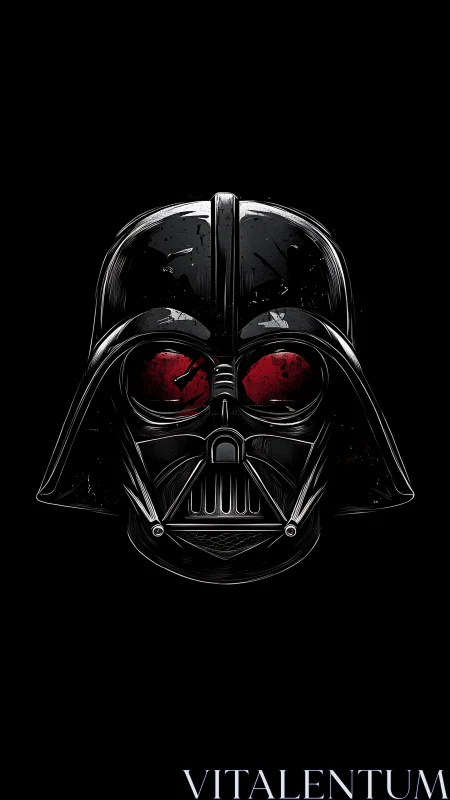 Black sci fi helmet illustration with red eye highlights.