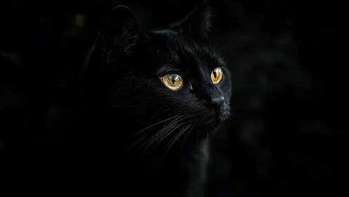 Black Cat with Glowing Golden Eyes Stares from Darkness