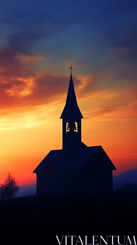 Rural chapel silhouette cuts vivid orange and blue sunset sky